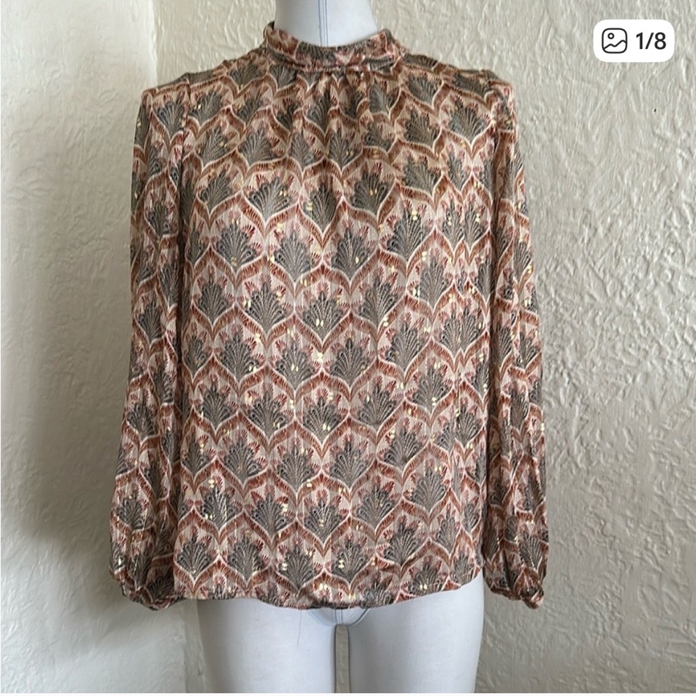 Karen Millen High Neck Bow Back Metallic Gold Taupe Navy Blue Brown Rust Blouse